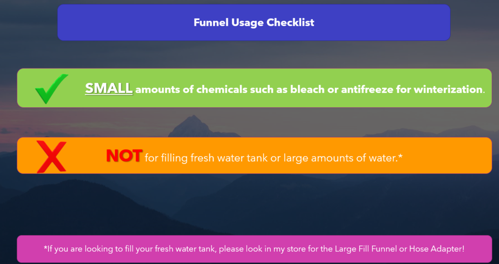 Small RV / Travel Trailer Fresh Water Fill Funnel for Hands Free