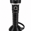 Wurkkos TS27 flashlight standing upright in a black wide base on a white background, with wrist strap clearance. Base stand only; flashlight not included.