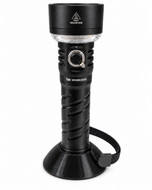 Wurkkos TS27 flashlight standing upright in a black wide base on a white background, with wrist strap clearance. Base stand only; flashlight not included.