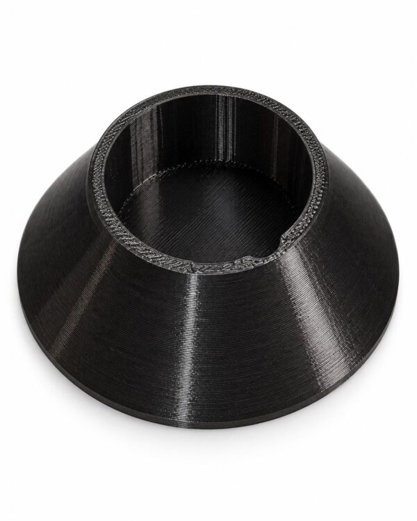 Black PETG freestanding base stand for the Wurkkos TS27 flashlight, showing its wide flared footprint and wrist strap notch.