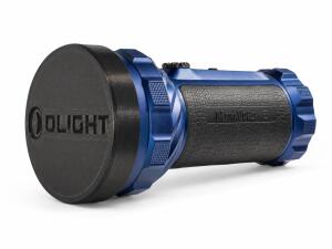 Protective lens cover fitted to a blue Olight Marauder 3 flashlight on a white background. Cover only; flashlight not included.