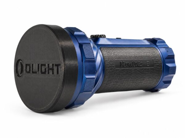 Protective lens cover fitted to a blue Olight Marauder 3 flashlight on a white background. Cover only; flashlight not included.