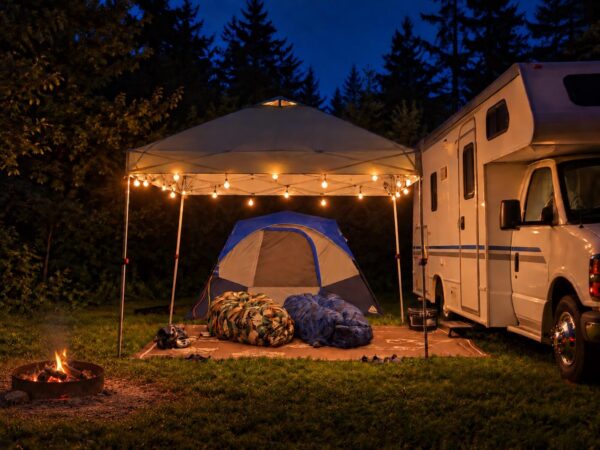 Nighttime canopy string light setup beside an RV, with an edited campfire lifestyle scene. Hooks only; lights, canopy and camping items not included.