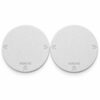 Pair of two white RV AC vent covers with recessed REMOVE lettering and double chevrons. Digitally edited product photo.