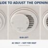 Illustrative installation showing a cover centered, slid left, and slid right to adjust the vent opening. Pair of covers only; vent not included.