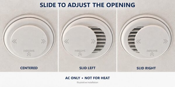 Illustrative installation showing a cover centered, slid left, and slid right to adjust the vent opening. Pair of covers only; vent not included.